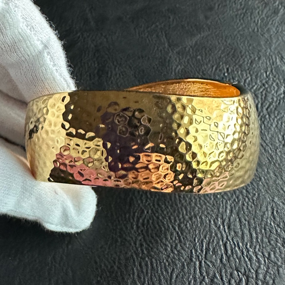 Gold Cuff Bracelet Gold Tone Textured Hammered Wavy Hinged Clamper